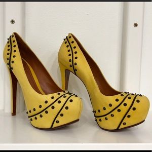 Yellow Studded Suede Pumps